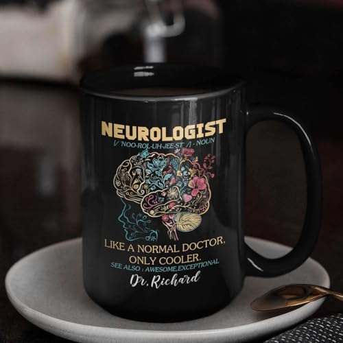 Custom Name Neurologist Definition Mug 11oz 15oz, Personalized Floral Brain Black Cup, Gift For Doctors, Customized Neuros...