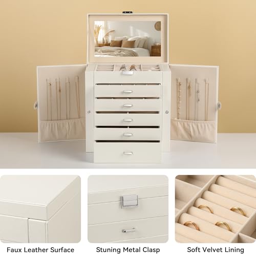 Frebeauty Large Jewelry Box,6-Tier PU Leather Jewelry Organizer,Multi-functional Storage Case with Mirror,Accessories Hold...