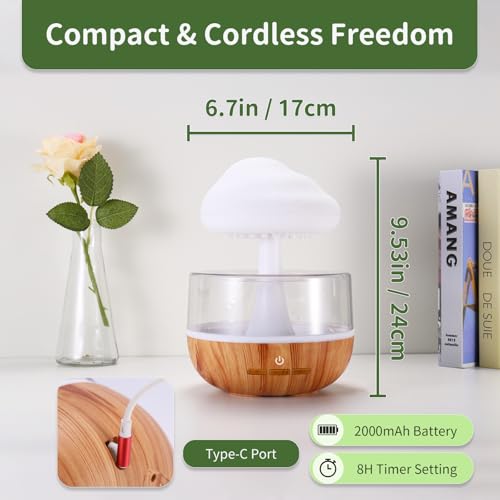 Weljoy Mushroom Cloud Rain Lamp, 7 Color Changing LED Tabletop Fountain with Water Drip Sounds, USB Rechargeable Desk Deco...
