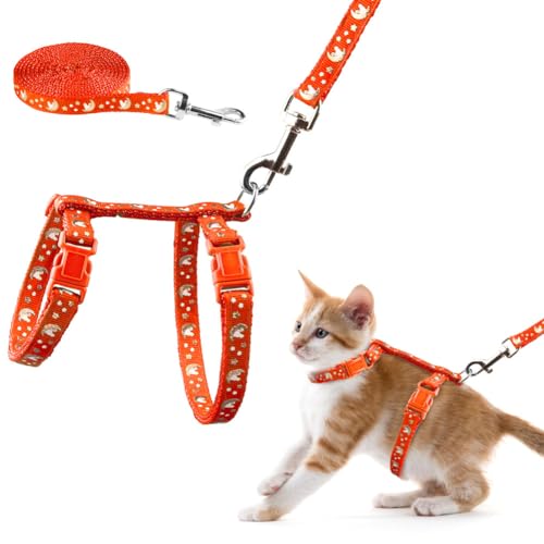 Cat Harness and Leash Set Gold Moons Soft Nylon Escape Proof Adjustable for Kittens Small Animals Glow in The Dark(Orange)