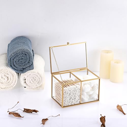 Hipiwe 2 Slots Glass Qtip Holder Gold Q-tip Storage Box with Lid Bathroom Accessories Container for Cotton Balls Cotton Sw...