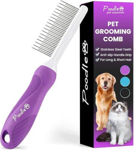 Poodle Pet Detangling Pet Comb with Long & Short Stainless Steel Teeth for Removing Matted Fur, Knots & Tangles – Detangle...