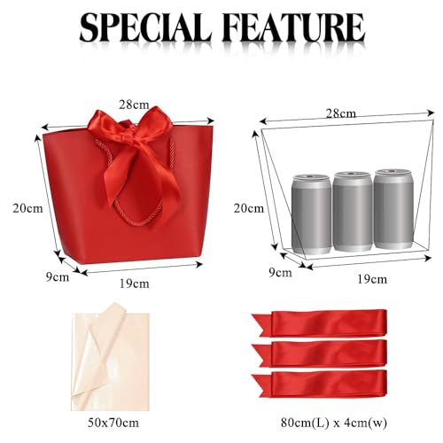 Aosric 12 Pack Red Tote Gift Bags with Bow Ribbon – 7.48x3.54x7.9 Elegant Small Cardstock Gift Bag with handles & Base Sup...