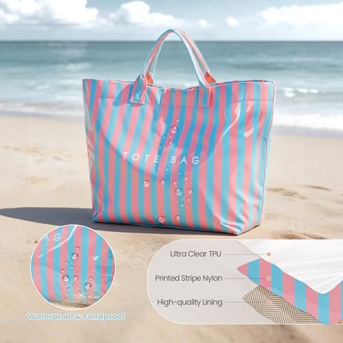 Lushandy Striped PVC Tote Bag for Women, Waterproof Plastic Tote Bag for Beach Pool Large Top Handle Travel Hobo Handbag