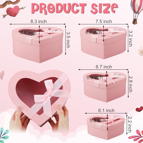Resurhang 4 Pcs Mother's Day Flower Boxes Heart Shaped Boxes Floral Gift Assorted Sizes with Transparent Window Lids and R...
