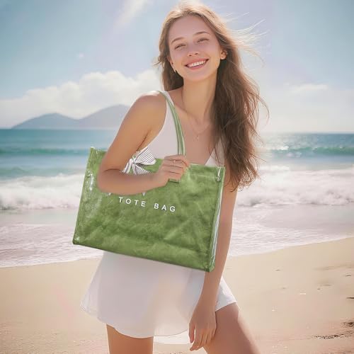 Lushandy PVC Tote Bag for Women, Large Plastic Tote Purse Work Kraft Paper Letter Print Shoulder Bag Carry All Hobo Handbag