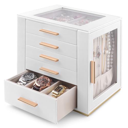 Homeanda Jewelry Box for Women with Glass Lid, 5 Drawers Jewelry Organizer and Storage for Necklaces, Rings, Earrings, Bra...
