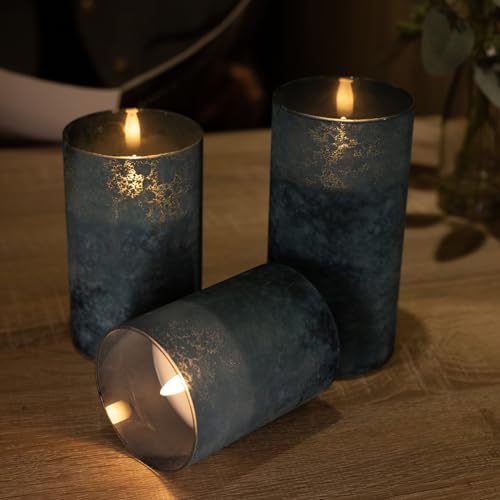 HJANDHJ Blue Flickering Flameless Candles with Remote - Handmade Sandblast Glass Battery Operated LED Pillar Candles for H...