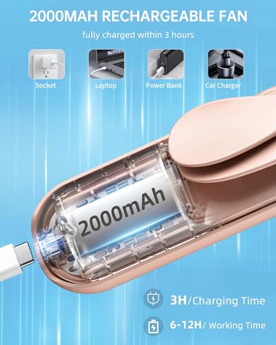 Jkjoy Mini Handheld Fan, Portable Hand Fan with USB Rechargeable, 2000 mAh Battery Operated, 3 Speeds Adjustable, 2 IN 1 S...