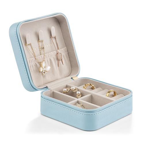 Vlando Small Travel Jewelry Box Organizer Display Case for Girls Women Gift Rings Earrings Necklaces Storage, Blue