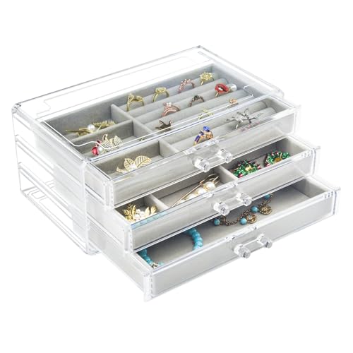 Weiai Acrylic Jewelry Box 3 Drawers, Velvet Jewellery Organizer, Earring Rings Necklaces Bracelets Display Case Gift for W...