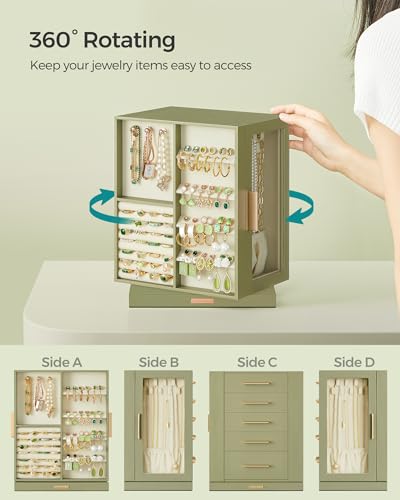 SONGMICS Jewelry Box 360° Rotating, Jewelry Storage Case with 5 Drawers, Jewelry Organizer, Glass Window, Spacious, Vertic...
