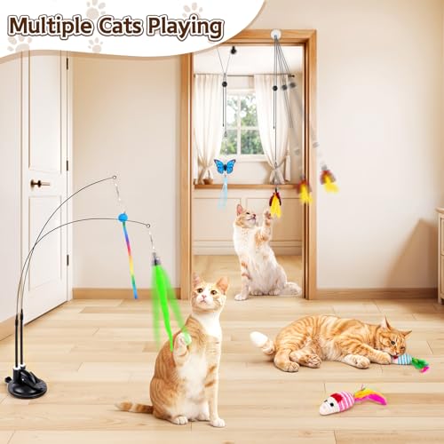 HONGDDY Cat Toys for Indoor Cats, 14Pcs 4 in 1 Cat Interactive Toys, Hanging Door Kitten Wand with Suction Cup Removable F...