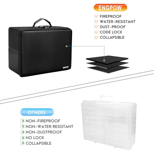 ENGPOW Fireproof Photo Storage Box with 16 Inner 4" x 6" Photo Case(Clear),Photo Box Organizer with Lock,Collapsible Porta...