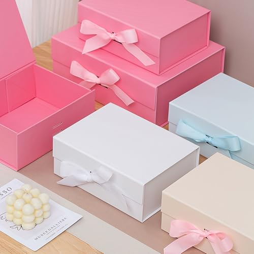 MEIANJU Dark Blue Gift Boxes 8.7*W6.5*H3.5inch with Ribbon Foldable Magnetic Gift Boxes Set of 5 Glossy Finish Magnetic Bo...