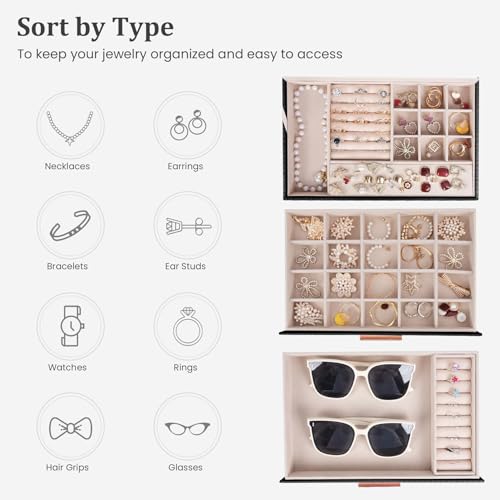 Dajasan Jewelry Box Organizer, 3-Tier Jewelry Storage with 2 Drawers, Large Jewelry Boxes for Women, PU Leather Surface wi...