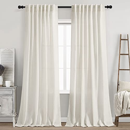 Cream Linen Back Tab Curtains 84 Inch Length for Living Room 2 Panel Set Neutral Modern Farmhouse Window Privacy Semi Shee...