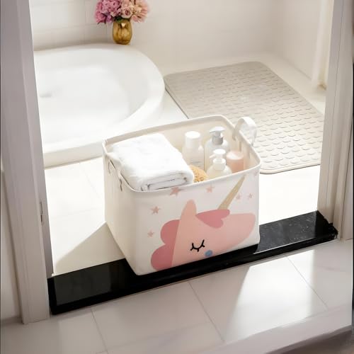 Mziart Cute Unicorn Pink Basket Empty, Rectangle Kids Storage Basket with Handles, Collapsible Nursery Baby Toy Basket for...