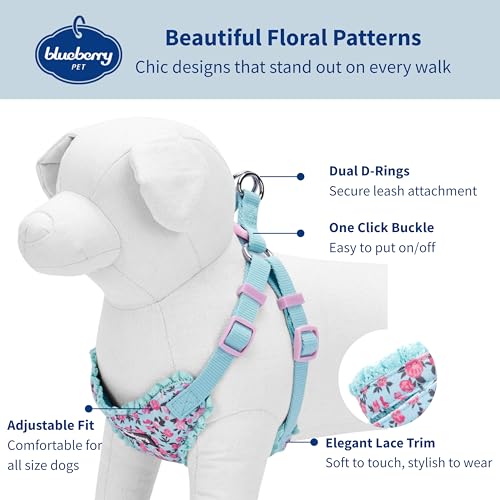Blueberry Pet Soft & Comfy Made Well Cute Floral No Pull Mesh Dog Harness Vest in Light Blue, Chest Girth 17.5"-21", Smal...