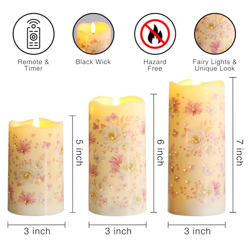 Eywamage Fiber Optic Flameless Pillar Candles with Remote, Floral Butterfly Spring LED Candles Flickering Easter Home Deco...