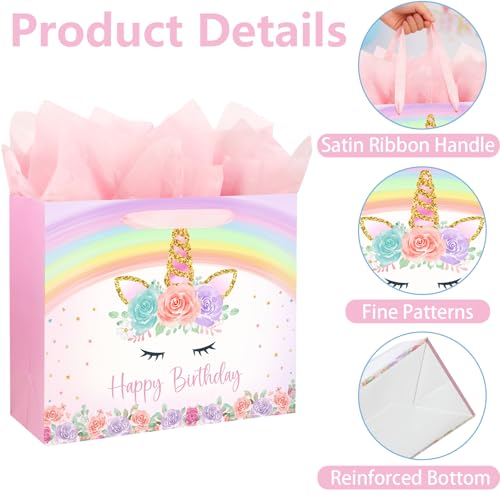 Yusenguan 13" Unicorn Birthday Gift Bag with Greeting Card and Tissue Paper for Baby Girls and Kids Birthday Party (Rainbo...