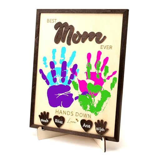 Personalized Best Mom Ever Handprint Gifts, Wooden Keepsake Sign with Kids Handprint Art, Custom Ink Name, DIY Craft Kit f...