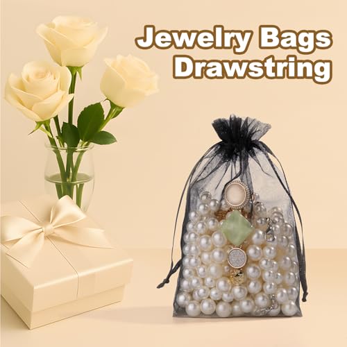 Crweety 50 Pcs Black Organza Bags 4x6 Inch, Small Mesh Gift Bags Drawstring for Jewelry Bracelet Packaging, Premium Sheer ...