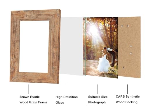 iRahmen 5x7 Picture Frame Set of 4, High Definition Real Glass Rustic Brown Frame, 5 x 7 Wood Photo Frames for Tabletop Di...