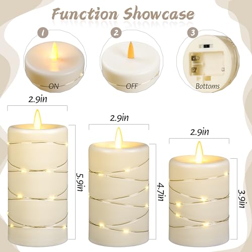 Da by 3 Pack Ivory Flameless Taper Candles, Realistic Flickering LED Candles with Surrounding Fairy String Lights, Heat Re...