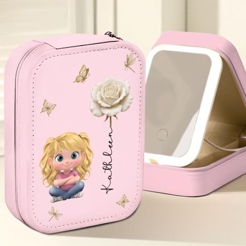Wrappiness Women & Girls Floral Makeup Box With LED Mirror - Personalized Birthmonth Flower Travel Jewelry Organizer Gift ...