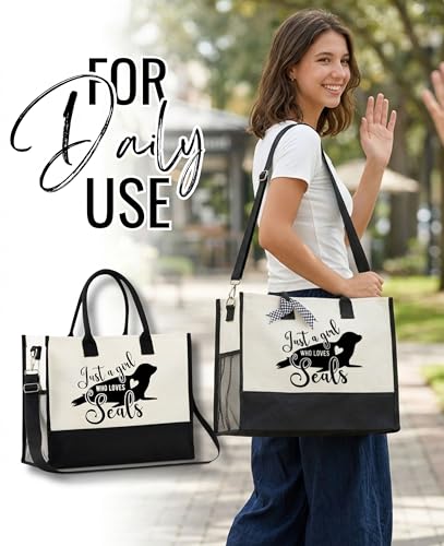 InnoBeta Seal Gifts for Seal Lovers on Christmas or Birthday, Canvas Tote Bag with Top Zipper Closure and Shoulder Strap -...