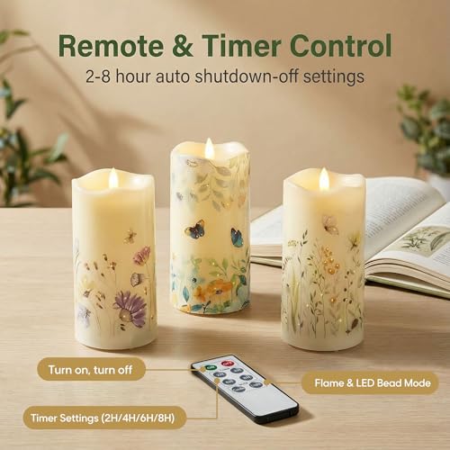 Eywamage Fiber Optic Flameless Pillar Candles with Remote Set of 3, Butterfly Floral Spring LED Candles Battery Operated Φ...