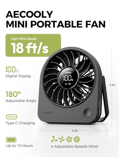 Aecooly Mini Portable Desk Fan, Small Enough to Hold USB Fan, 4 Speeds Quiet Rechargeable [10H Max Cooling Time], 180° Adj...