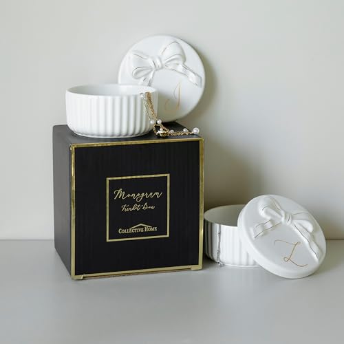 COLLECTIVE HOME Monogram Initial Jewelry Box with Bow - Elegant Ring Holder & Earring Dish | Christmas Gift Idea for Wome...