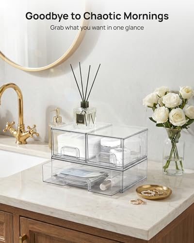Vtopmart Stackable Storage Drawers Set of 3,Clear Plastic Organizer Bins for Makeup, Cosmetics, Beauty Supplies,Ideal for ...