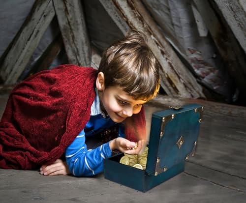 WaaHome Wood Treasure Box 5.5'' Small Decorative Teal Pirate Treasure Chest Jewelry Keepsakes Box for Kids Girls Boys Wome...