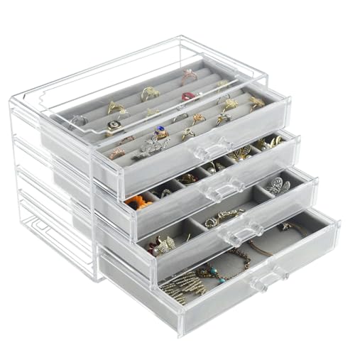 Weiai Acrylic Jewelry Organizer, Clear Jewelry Box with 4 Drawers, Jewelry Case Storage for Women (Gray)