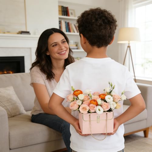 6 PCS Flower Paper Gift Box, Pink White Bouquet Storage Bucket Handbag with Metal Chain Floral Craft Wrap Bag Flower Bags ...