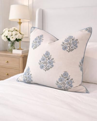 Jillien Harbor “The Camille” Floral Block Print Pillow Cover – Soft Blue and White Decorative Throw Pillow Cover – Grandmi...