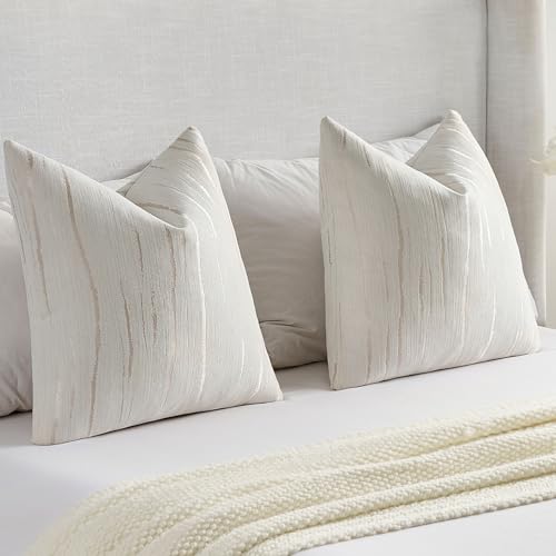 FUTEI Cream Chenille Decorative Throw Pillow Covers 18x18 Inch Set of 2,Soft Embossed Striped Textured Cushion Case,Modern...