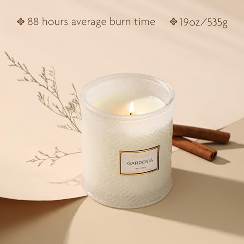 Gardenia Candle - White Floral Fragrance | 19 oz Large Soy Wax Candle in Embossed Glass Jar | Long Lasting Decorative Cand...