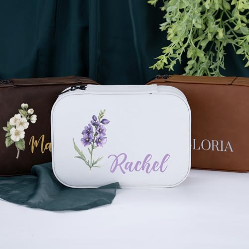 Custom Leather Jewelry Box with Name & Birth Flower Month, Birthday Gifts for Women, Personalized Jewelry Travel Case - Cu...