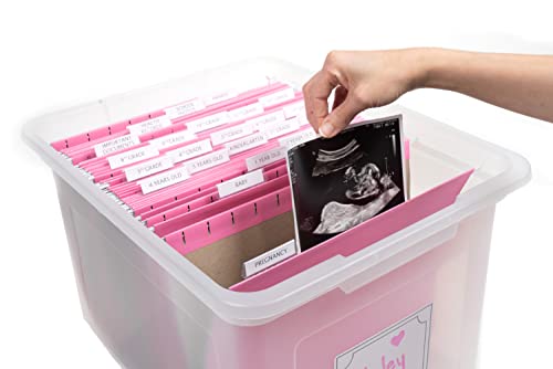 Kid's Craft Memory Keepsake Organizer Box - Clear Storage Latching Bin with Hanging File Folders and Custom Tab Inserts (P...