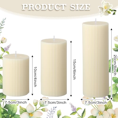Conelist Ribbed Pillar Candles Set of 3, Width 3" High 4" 6" 8" Large Soy Wax Orchids Scented Pillar Candles Aesthetic Rib...