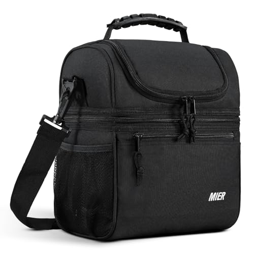 MIER Insulated Lunch Box Dual Compartment Lunch Bag Leakproof Cooler for Men Women Adult Work, Black, Medium (Upgraded Ext...
