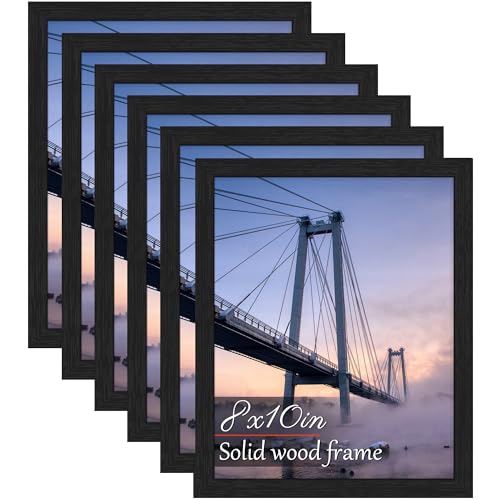 PEALSN Soild Wood 8x10 Picture Frame Set of 6, Wall Gallery Photo Frames for Wall Mounting or Tabletop Display, Black