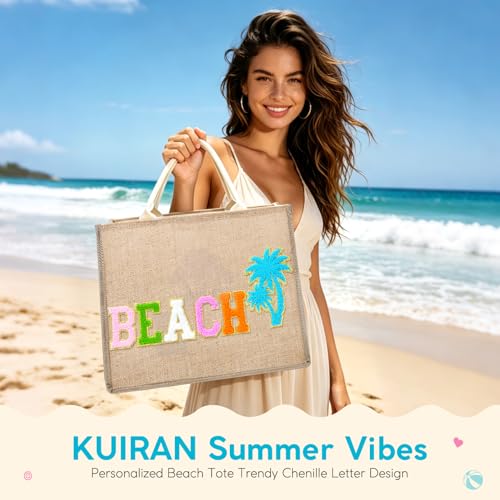 KUIRAN Beach Bag for Women Large Woven Straw Bag with Chenille Letter Patches and Water-resistant Lining, 20L Tote Handbag