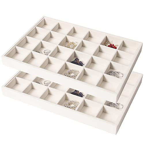 Coward 2PC Stackable 24 Gird Jewelry Organizer Tray Necklace Earring Box Storage Drawer Ring Bracelet Display Holder (beig...