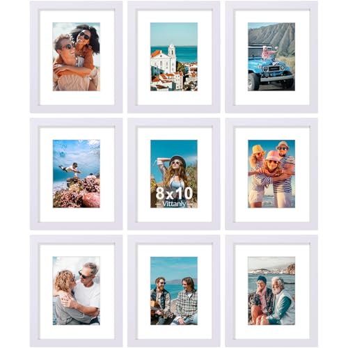 Vittanly 8x10 Picture Frames Set of 9, Shatter Resistant Plexiglass, Display 5x7 Pictures with Mat or 8x10 without Mat, Ph...