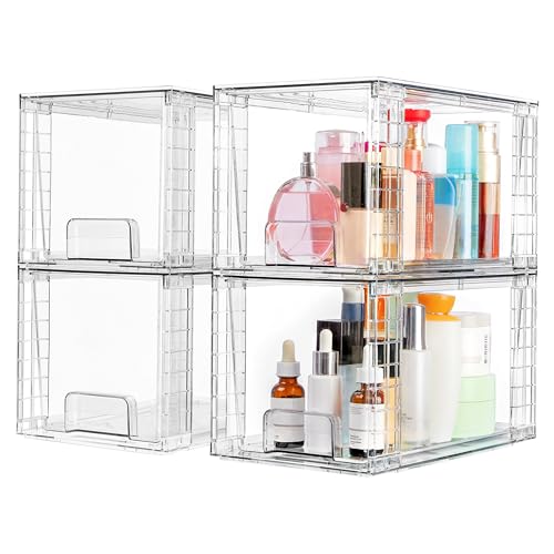 Vtopmart 4 Pack Large Stackable Storage Drawers,Easily Assemble Acrylic Bathroom Closet Undersink Organizers and Storage,P...